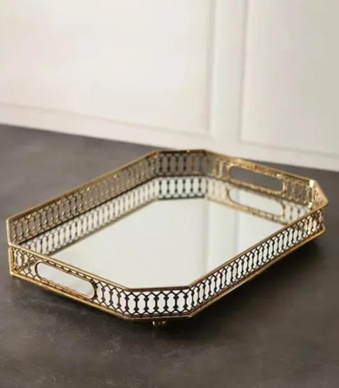 Vintage European Gold Mirror Metal Tray Rectangular 29cm, Mirror Tray