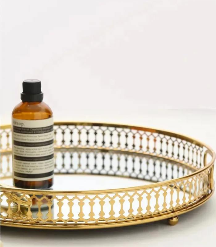 Vintage European Gold Mirror Metal Tray Round Mirror Tray