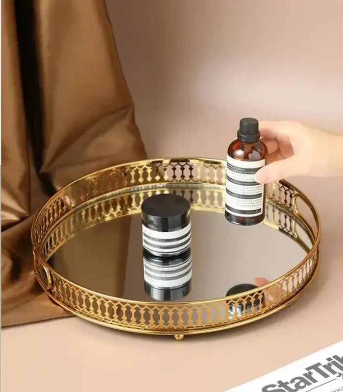 Vintage European Gold Mirror Metal Tray Round Mirror Tray