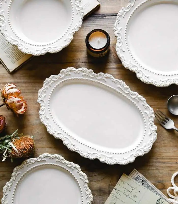 Serving Oval Platter Embossed Bone China Ceramic French Baroque 31cm
