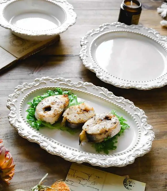 Serving Oval Platter Embossed Bone China Ceramic French Baroque 31cm