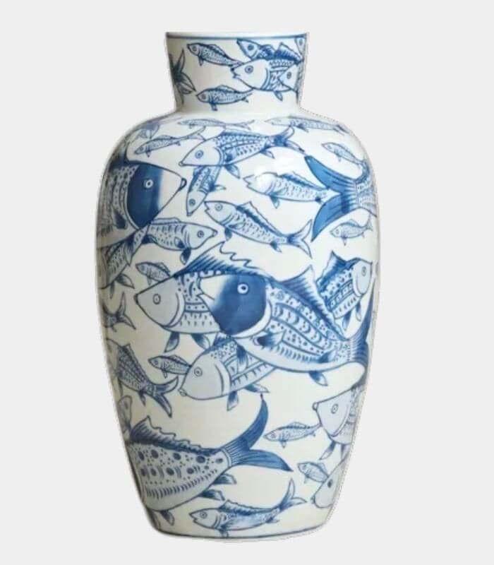 Blue Waters Fish Collection Porcelain Decorative Vase - Handcrafted Coastal Home Decor