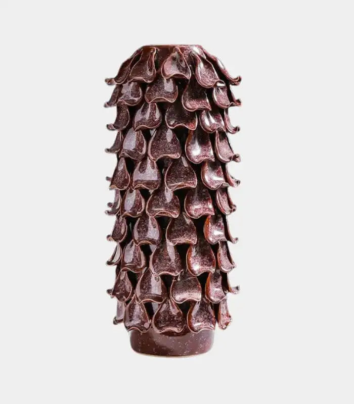 Tischvase, handgefertigt, Kiefernzapfen-Porzellan, Burgunder-Braun, strukturiert