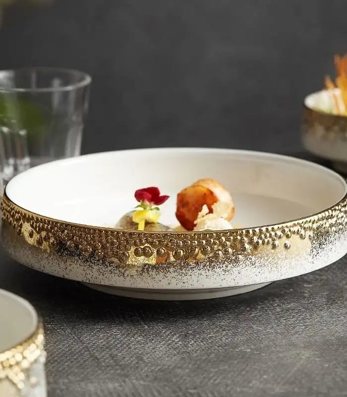 Japanese Style Ceramic Round Dinnerware Set in Gold and White Bowl