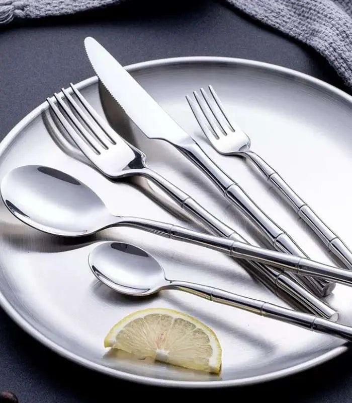 30 Pcs Stainless Steel Cutlery Set for 6 Bamboo Handle Style
