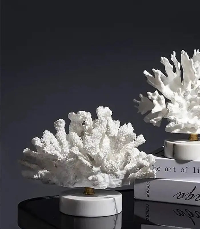 Faux Coral Desk Decoration Ornaments Resin on Marble Base White