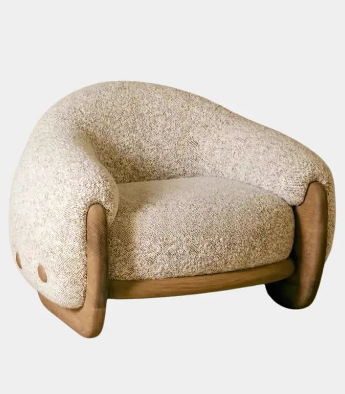 Modern Sculptural Lounge Chair – Contemporary Ash Wood & Bouclé Design