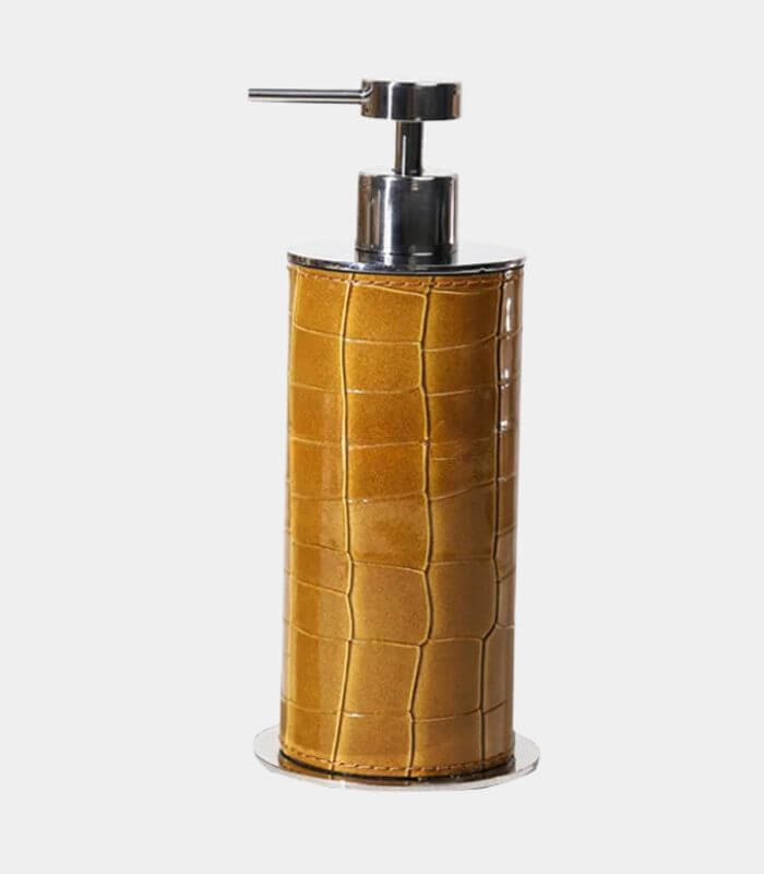 Delvaux Cognac Leather Soap Dispenser – Stainless Steel Accents, Two Sizes