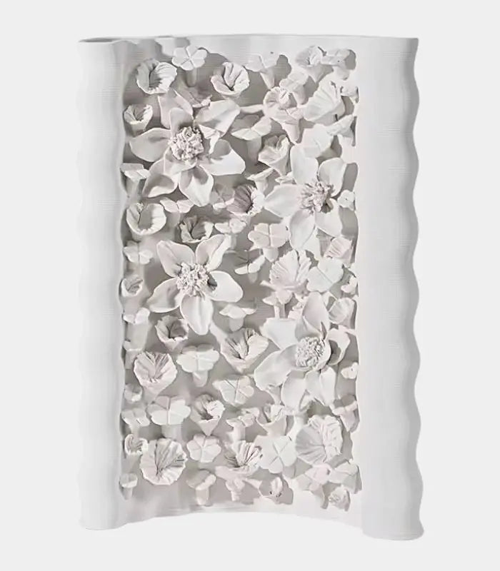 Floral Relief Ceramic Vase – Handcrafted Botanical Sculpture White