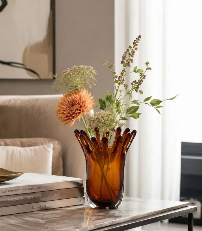 Valentina Handcrafted Glass Vase – Sculptural Crown Form in Amber 22 cm (8.66 in)