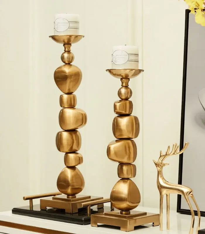 Sculptural Gold-Tone Pillar Candle Holders - Organic Pebble-Inspired Shape