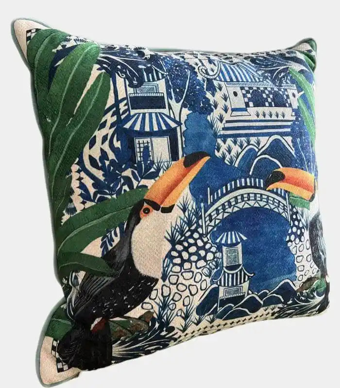 Tropical Toucan Print Chenille Cushion Cover – Vibrant Botanical Design 45x45 cm