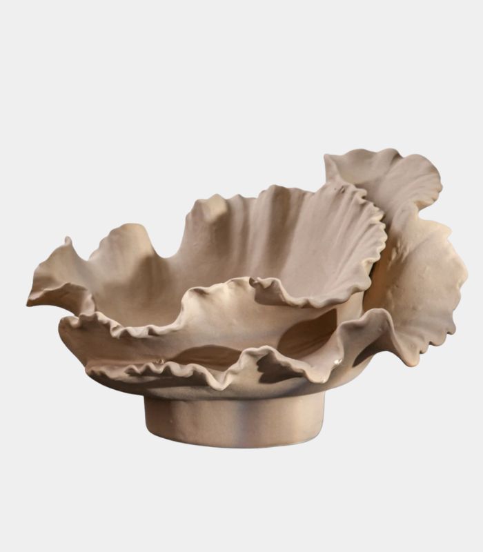 Royal Bloom Decorative Fruit Bowl - Handcrafted Wavy Ceramic Display Bowl 37.5 cm Beige