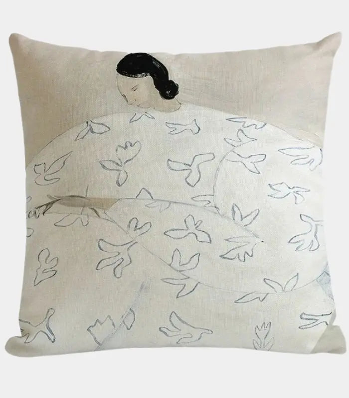 Art-Inspired Cushion Cover – Abstract Figure with Leaf Pattern