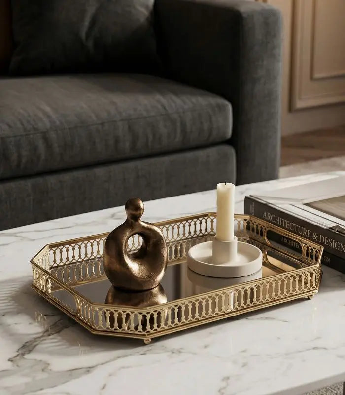 Vintage European Gold Mirror Metal Tray Rectangular 35cm