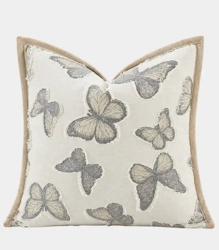 Isadora Woven Jacquard Cushion Cover – Butterfly Motif, Taupe Trim, 3 Sizes