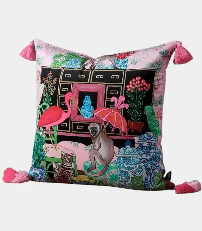 Velvet Cushion Cover with Whimsical Monkey and Fauna Print
