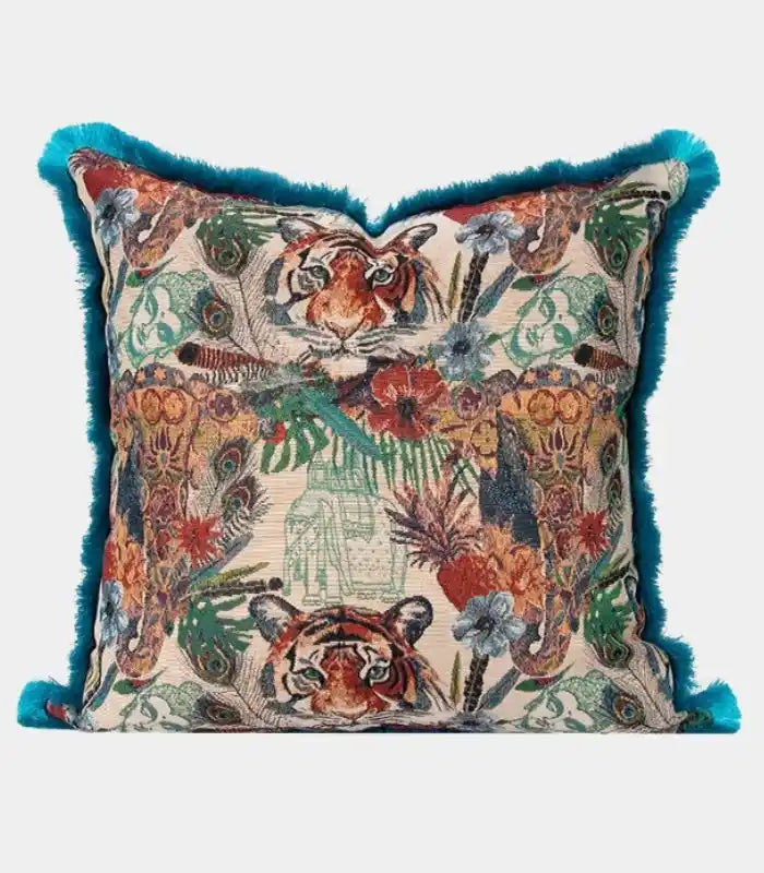 Tropical Tiger Jacquard Cushion Cover Pillow Case with Fringe 45x45 cm (18 in)