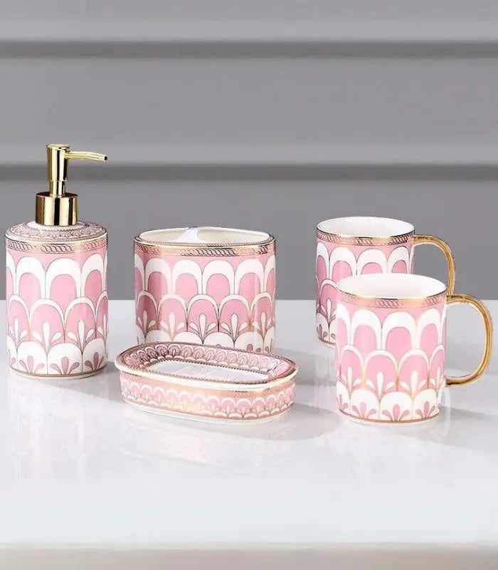 5 Pcs Set Bathroom Assesories Ceramic Pink, White & Gold