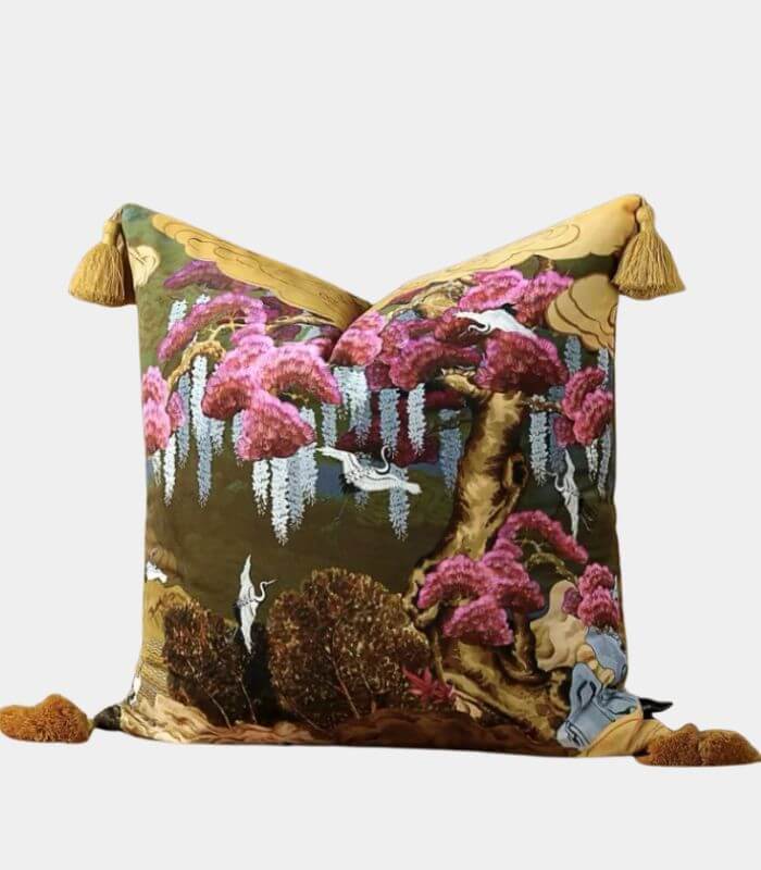 East Asian Garden Tasseled Decorative Cushion Cover - Velvet