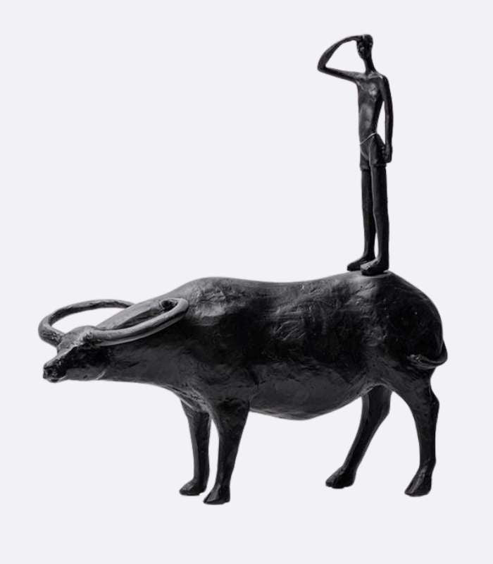 Modern Abstract Man and Bull Resin Sculpture - Striking Black Finish
