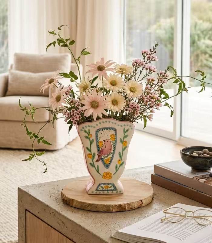 Han-decorated Pastel Bird Motif Fan Vase - Unique Ceramic Home Decor (20.7cm/8.15")