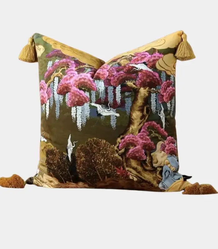 East Asian Garden Tasseled Decorative Cushion Cover - Velvet