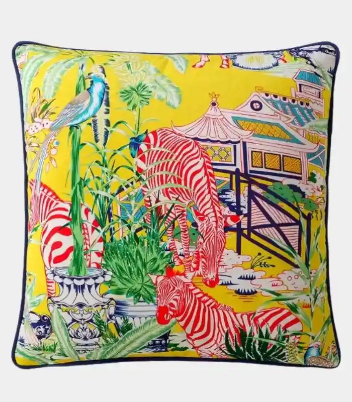 Exotic Garden Cushion Cover – Bold Tropical Print with Zebra and Pagoda 45 x45 cm