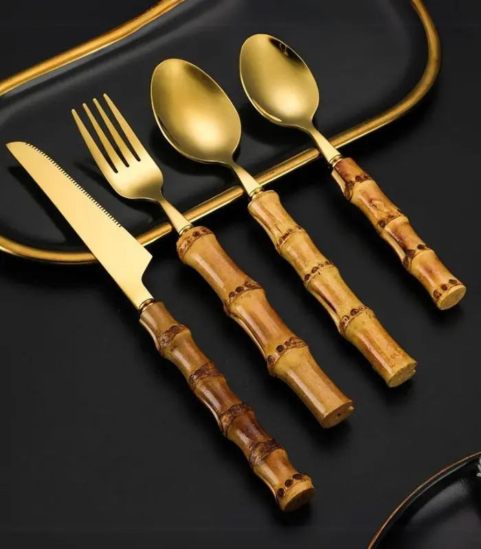 24 Pc Natural Bamboo Handle Cutlery Set Stainless Steel Flatware
