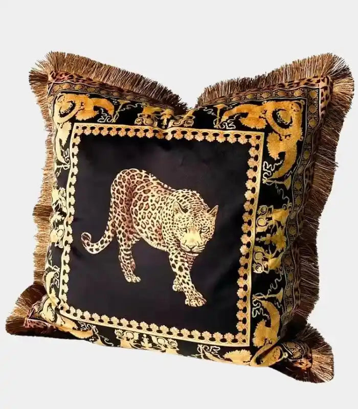 Marcella Velvet Cushion Cover – Leopard Print with Fringe Trim 45 cm (18 in)