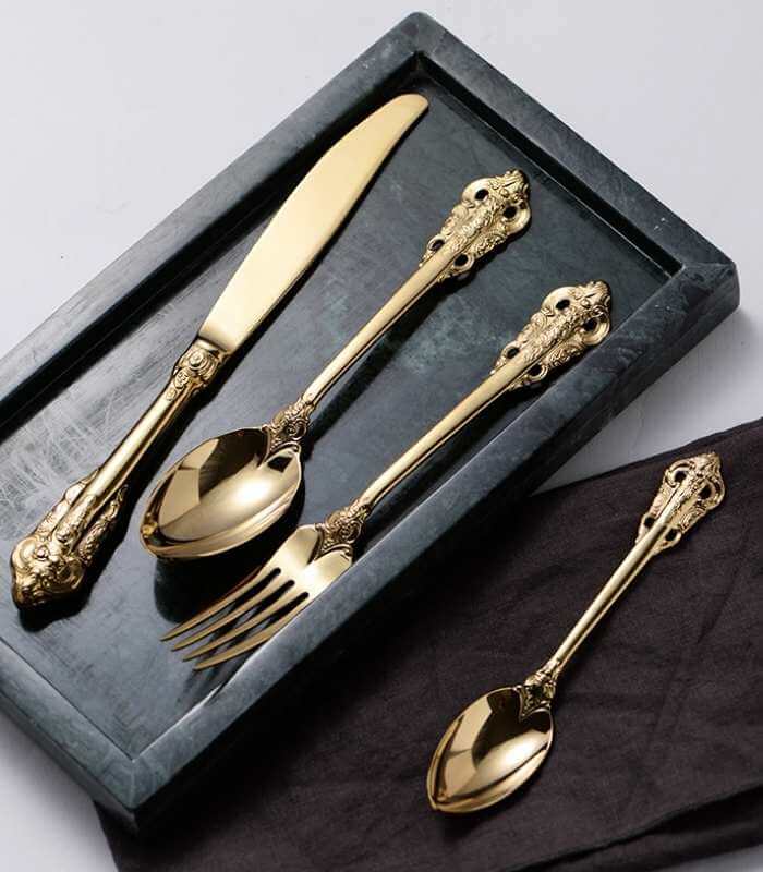 24 Pcs Flatware Vintage Cutlery Set Gold for 6 People 18/10 Stainless Steel