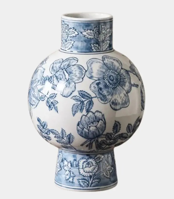 Floriana Blue & White Porcelain Vase – Hand-Decorated Floral Design