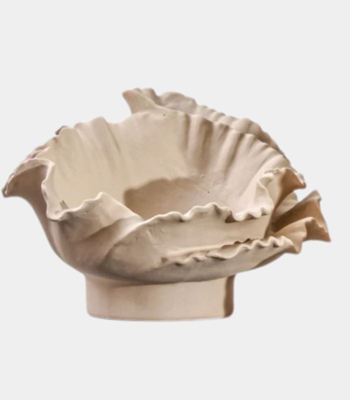 Royal Bloom Decorative Fruit Bowl - Handcrafted Wavy Ceramic Display Bowl 37.5 cm Beige