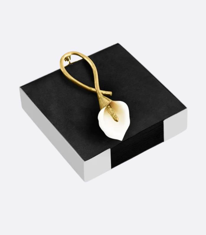 Handcrafted Stainless Steel Napkin Holder with Hand-Painted Golden Calla Lily - 13x13cm