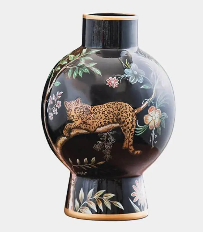 Savanna Noir – Hand Painted Porcelain Vase with Botanical Motifs