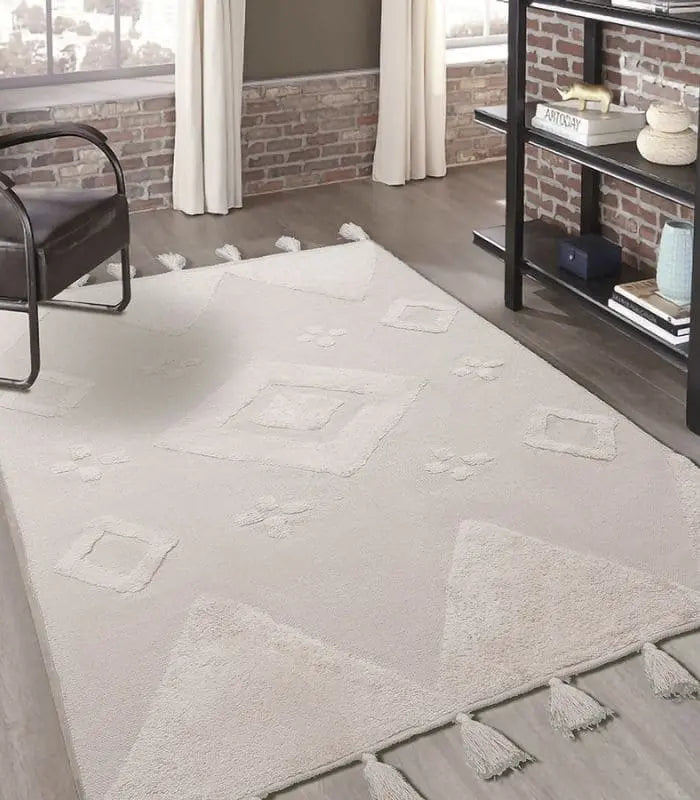 Moroccan Tassel Handmade Rug Beige & White Soft Cotton Non-slip Rug