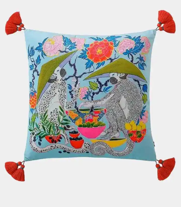 Tropical Bazaar Monkey Cushion Cover Decorative Cushion with Tassel Accents Blue