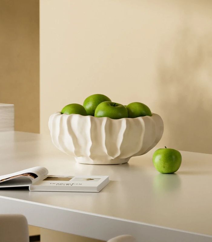 Camille Artisan Ceramic Fruit Bowl - Handcrafted Decorative Wave Design in Ivory White