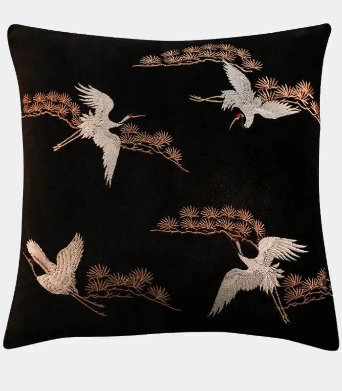 Embroidered Crane Velvet Cushion Cover – Japanese-Inspired Bird Design