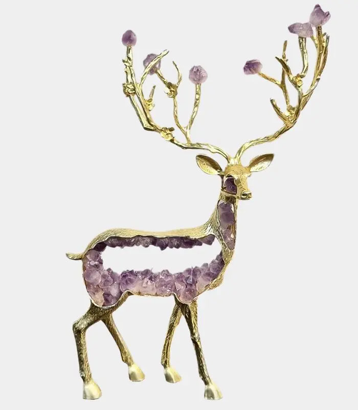 Enchanted Forest Deer Sculpture – Amethyst Crystal & Gold Alloy