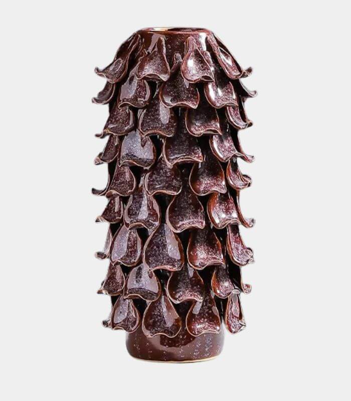 Tischvase, handgefertigt, Kiefernzapfen-Porzellan, Burgunder-Braun, strukturiert