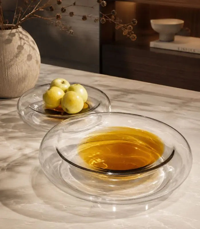 Solstice Handcrafted Glass Bowl – Amber and Clear Two-Tone Decorative Bowl