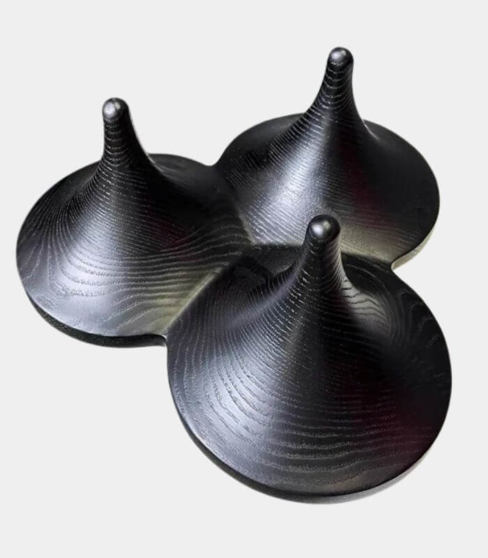 Modernist Triple Spinning-Top Sculpture | Handcrafted Black Wood-Grain Object 28 cm