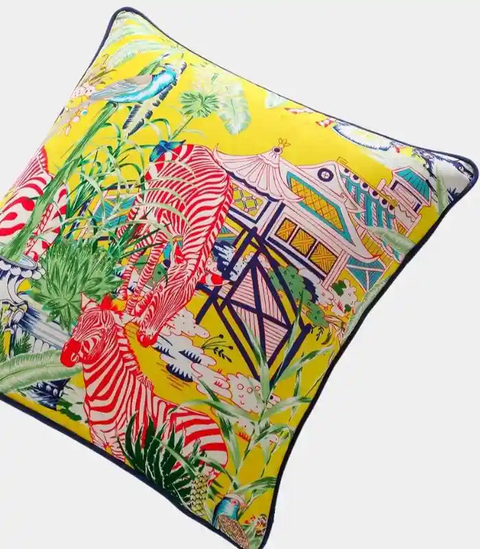Exotic Garden Cushion Cover – Bold Tropical Print with Zebra and Pagoda 45 x45 cm