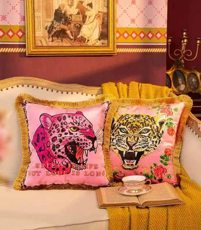 Pink Leopard Velvet Decorative Cushion Cover Fringed Edge Square 45 cm Pink & HotPink