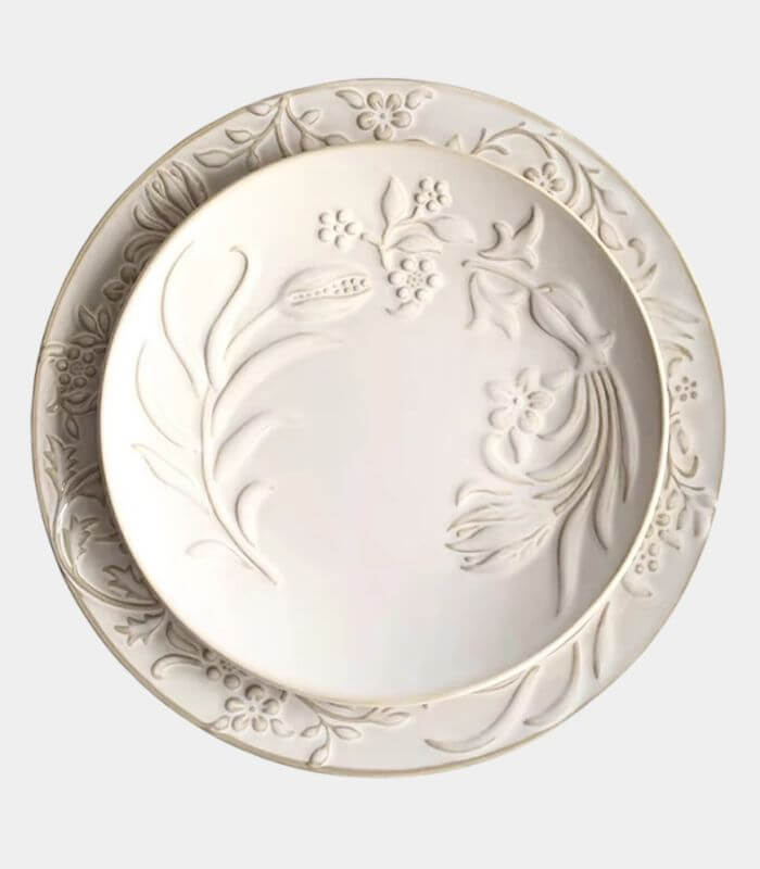 Embossed Ceramic Floral Dinner & Dessert Plate – Elegant White Glazed Stoneware (25cm & 20cm)