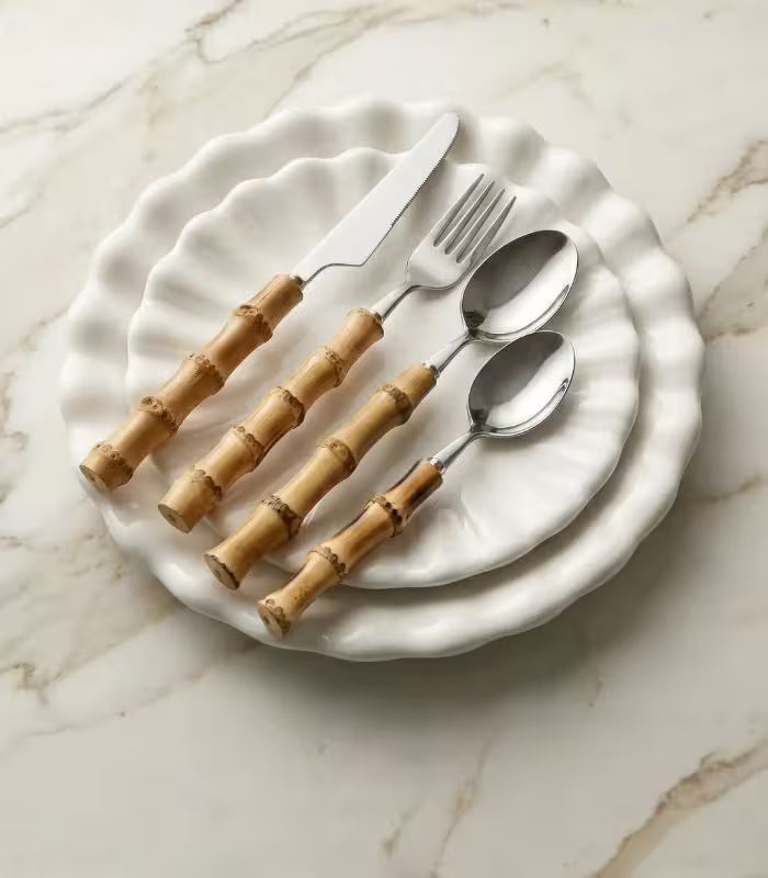 24 Pc Natural Bamboo Handle Cutlery Set Stainless Steel Flatware