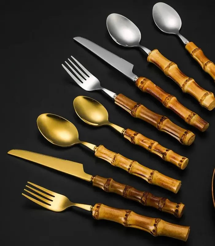 24 Pc Natural Bamboo Handle Cutlery Set Stainless Steel Flatware