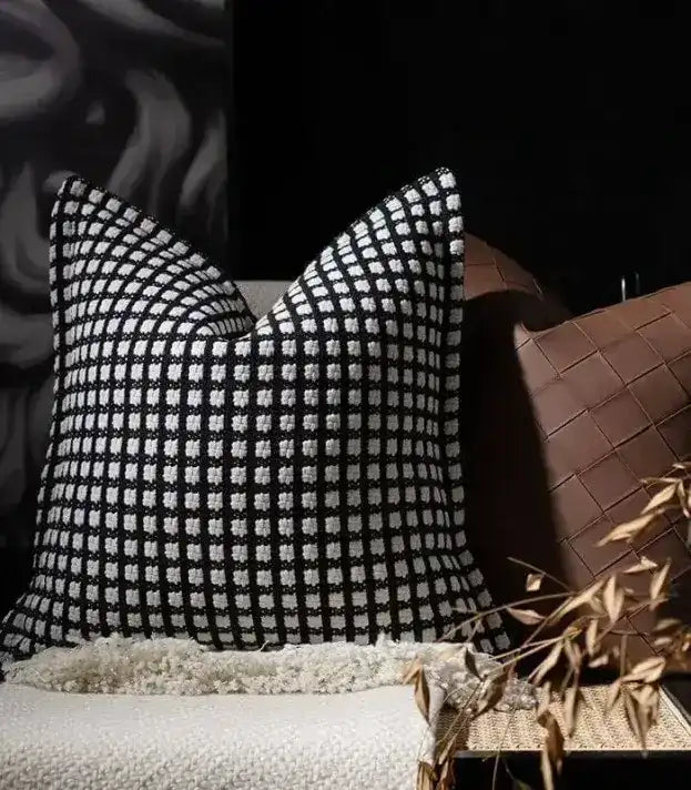 Black & White Checkered Cushion Cover – Woven Elegance (45 cm or 18 in)