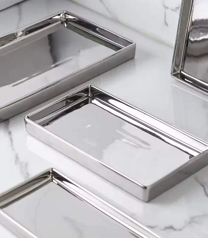 Mirrored Chrome Ceramic Tray – Multifunctional Vanity Organizer